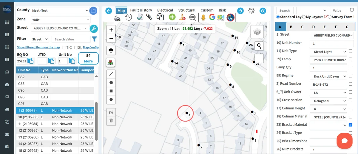 DeadSure asset record showing lamp and column details